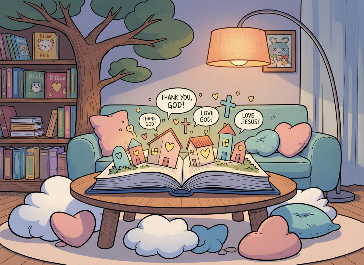 A cozy comicbook-style living room where an open, oversized storybook rests on a low wooden coffee table, its colorful pages bursting with illustrated faith-based scenes: tiny houses with glowing hearts, simple cross icons, and speech bubbles showing short, childlike prayers. Around the table, plush cushions shaped like clouds and hearts create a playful nest. Warm evening light from a floor lamp casts soft, rounded shadows, enhancing the friendly feel. In the background, a bookshelf shaped like a tree holds neatly arranged children’s Bibles and activity books. The scene is drawn with bold ink outlines, vibrant pastel colors, and a slightly exaggerated, whimsical perspective, emphasizing a joyful, safe atmosphere for simple faith learning at home.