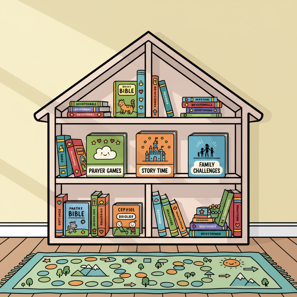 A playful comicbook-style bookshelf shaped like a house, each ‘room’ shelf filled with neatly arranged children’s devotionals, simple illustrated Bibles, and colorful boxes labeled with themes like ‘Prayer Games’, ‘Story Time’, and ‘Family Challenges’. Simple icons—tiny hearts, stars, and crosses—are printed on the spines. Soft, diffused daylight brightens the scene from the left, casting gentle, rounded shadows that accentuate the house shape. A cozy rug with a board-game-style path pattern curls at the base of the shelf, hinting that faith learning is like an adventure. The image is rendered with bold outlines, clean panels of color, and a playful, vibrant palette, presented in a centered, slightly low-angle composition that makes the resources feel accessible, friendly, and fun.