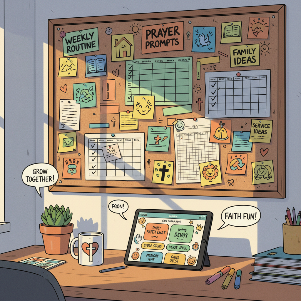 A comicbook-style home office corner dedicated to planning family discipleship, featuring a large corkboard covered in colorful sticky notes, weekly schedules, simple prayer prompts, and hand-drawn icons of houses and open Bibles. On the desk sits a tablet displaying a playful, faith-parenting app interface with bright buttons and illustrated badges. A mug decorated with a doodled heart and cross stands beside a small potted plant. Soft afternoon light from an unseen window casts diagonal stripes across the desk and wall, adding depth and warmth. The composition is framed from a slightly diagonal, eye-level perspective, with crisp black outlines and vivid, coordinated colors, creating an organized yet fun atmosphere that suggests practical, step-by-step help for parents learning from home.