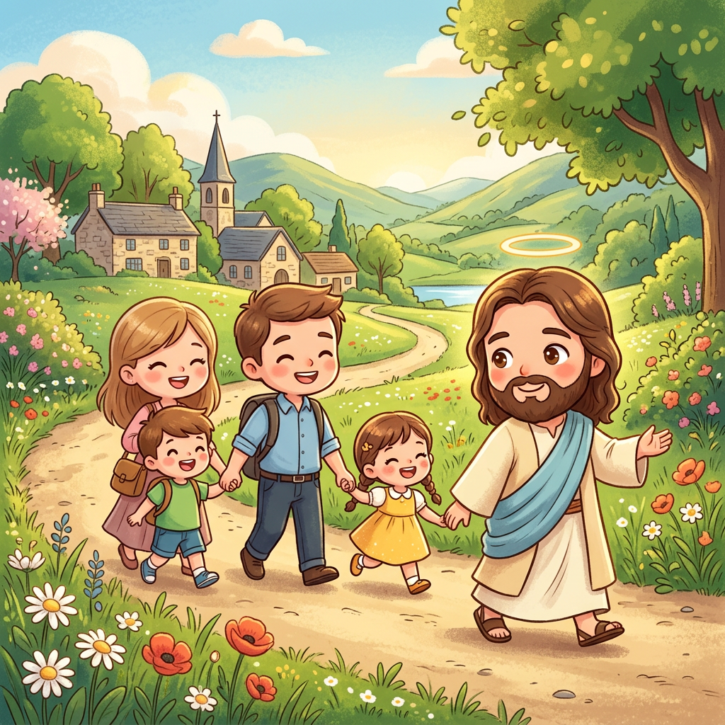 Jesus with a glowing halo holding hands with a family of four walking on a flower-lined path in a green countryside setting.